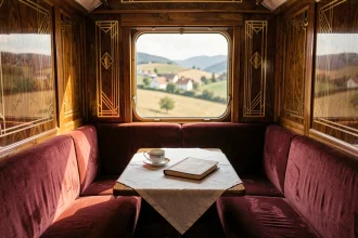 Intérieur luxueux d'un compartiment de train classique style Orient Express avec boiseries Art Déco et sièges en velours bordeaux