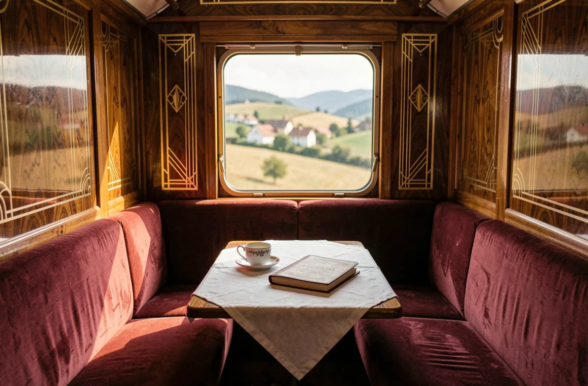 Intérieur luxueux d'un compartiment de train classique style Orient Express avec boiseries Art Déco et sièges en velours bordeaux