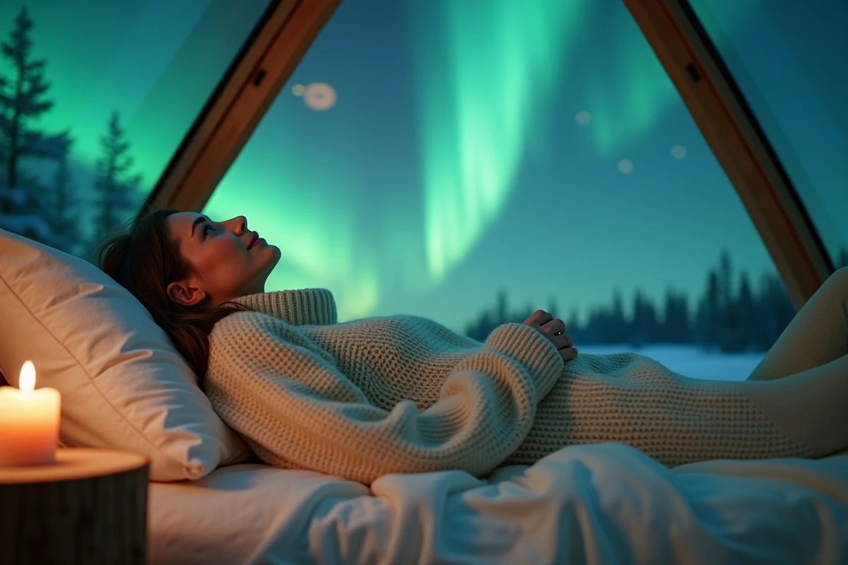 Femme allongée dans un igloo de verre en Islande contemplant une aurore boréale à travers le plafond transparent