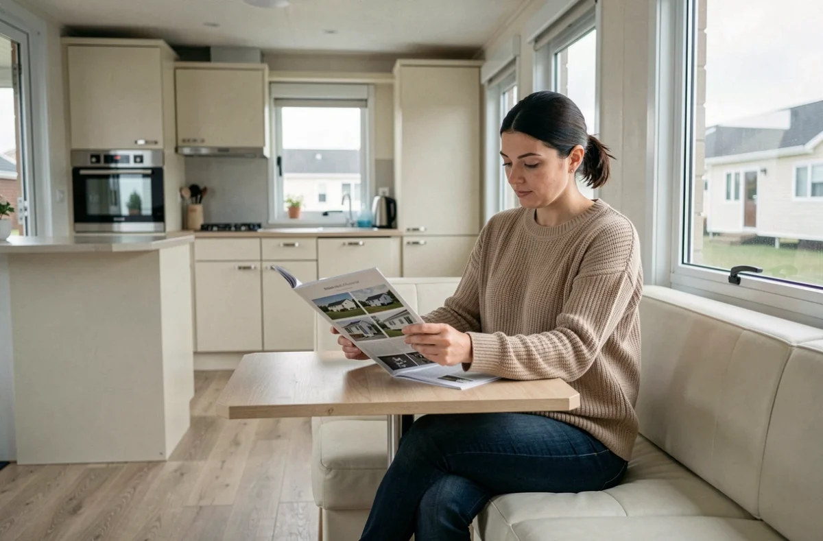 Intérieur élégant d'un mobil-home français avec espace de vie ouvert et femme consultant un catalogue de marques