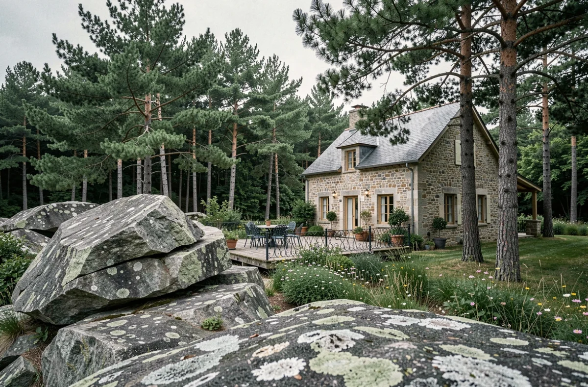 Le Jardin des Roches à Moigny-sur-École, maison de pierres entourée de rochers granitiques et de pins avec terrasse de jardin