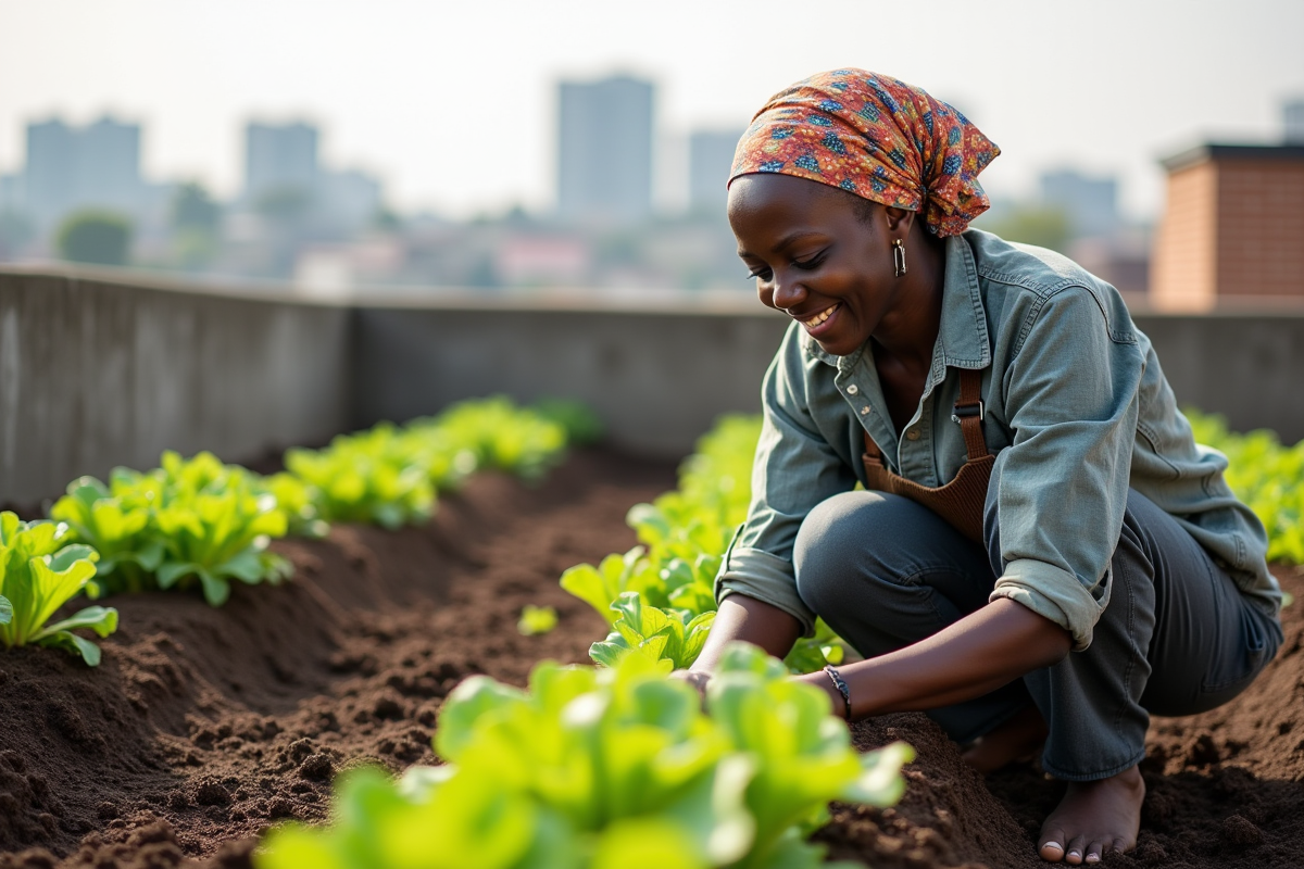 Femme zimbabweenne plantant des salades sur un toit urbain
