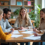 Jeune femme souriante en cours de langues dans une salle lumineuse