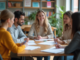 Jeune femme souriante en cours de langues dans une salle lumineuse