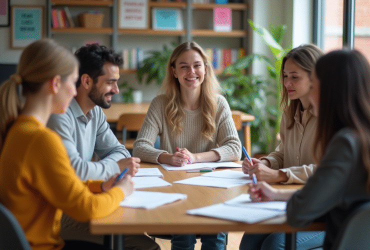 Jeune femme souriante en cours de langues dans une salle lumineuse