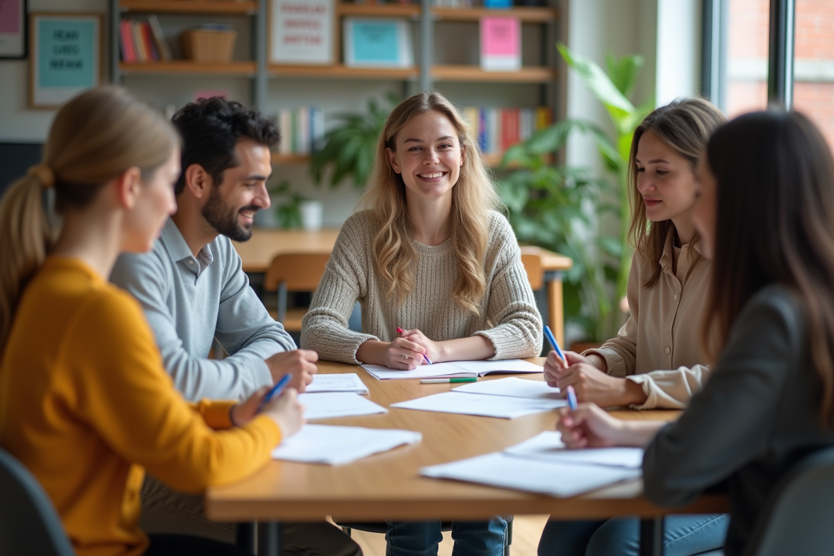 Jeune femme souriante en cours de langues dans une salle lumineuse