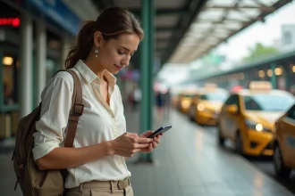 Jeune femme européenne vérifiant son smartphone devant la gare de Bangkok
