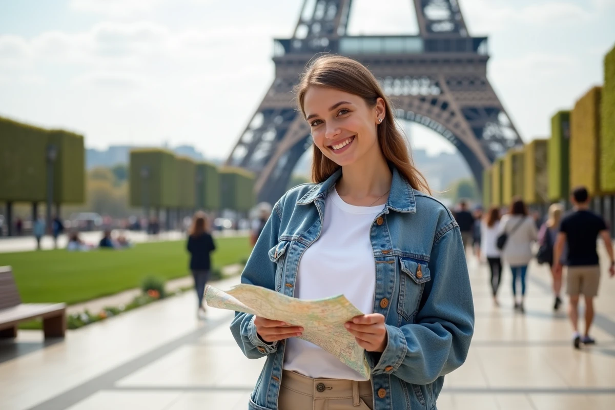 Jeune femme souriante près de la tour Eiffel à Paris