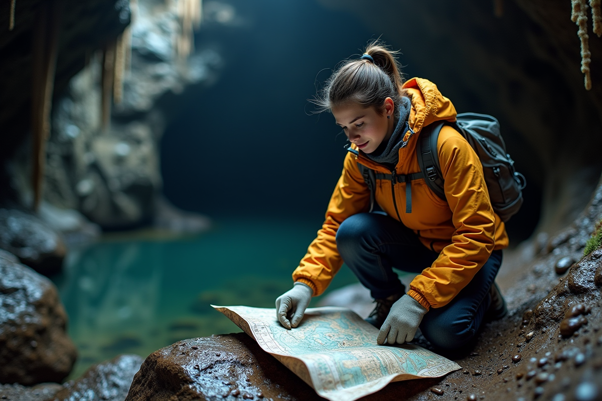 Jeune femme exploratrice examinant une carte dans une grotte sombre