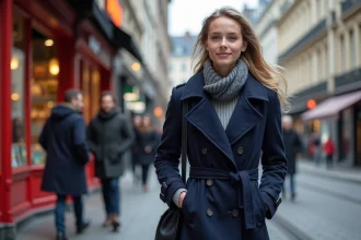 Jeune femme en trench bleu marche dans Lille avec architecture flamande