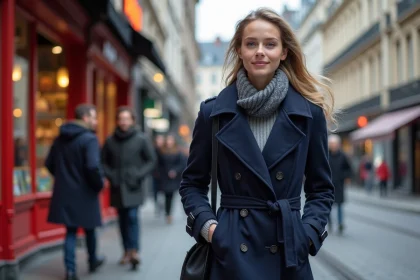 Jeune femme en trench bleu marche dans Lille avec architecture flamande