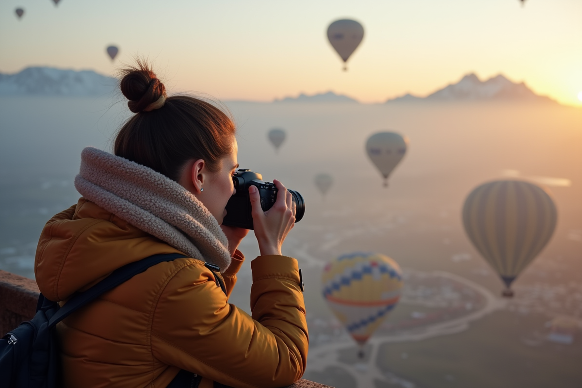 Jeune femme photographiant montagnes au lever du soleil en ballon