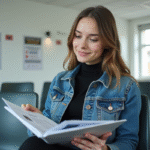 Jeune femme en attente avec ses papiers de passeport