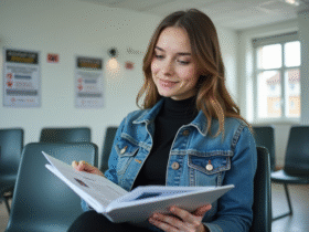 Jeune femme en attente avec ses papiers de passeport