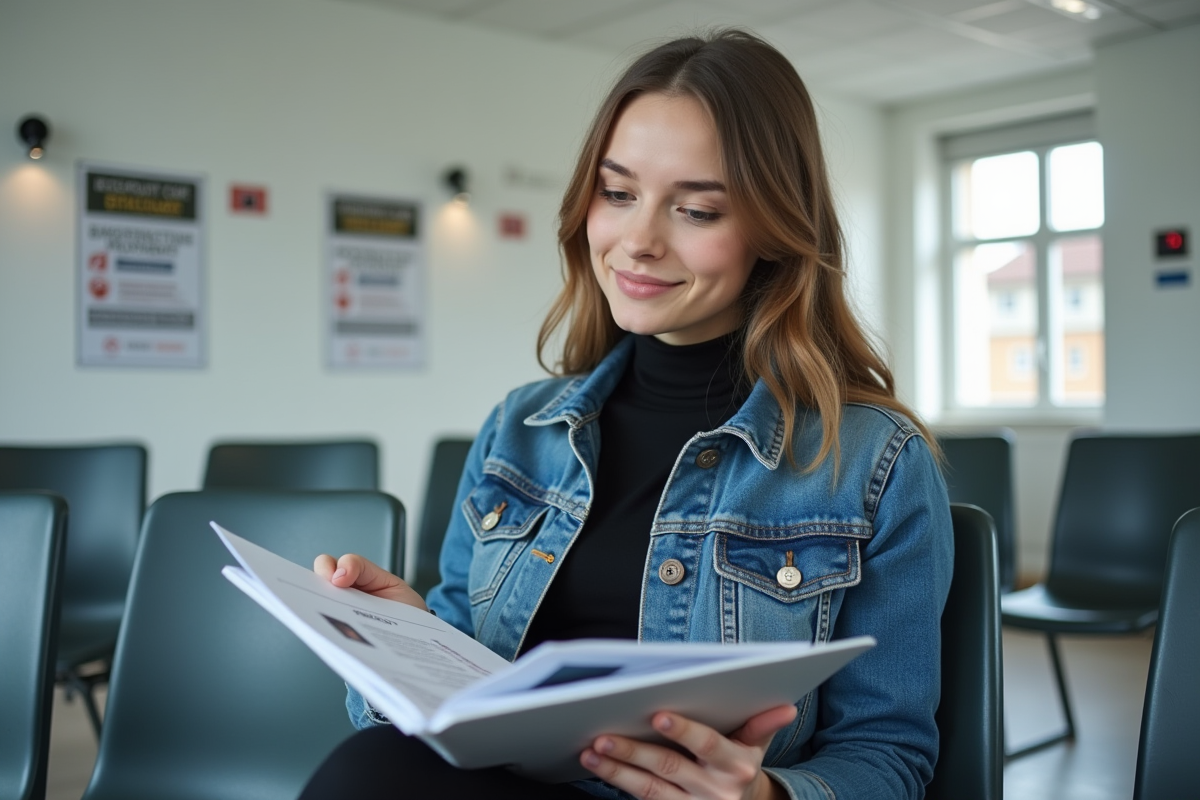 Jeune femme en attente avec ses papiers de passeport