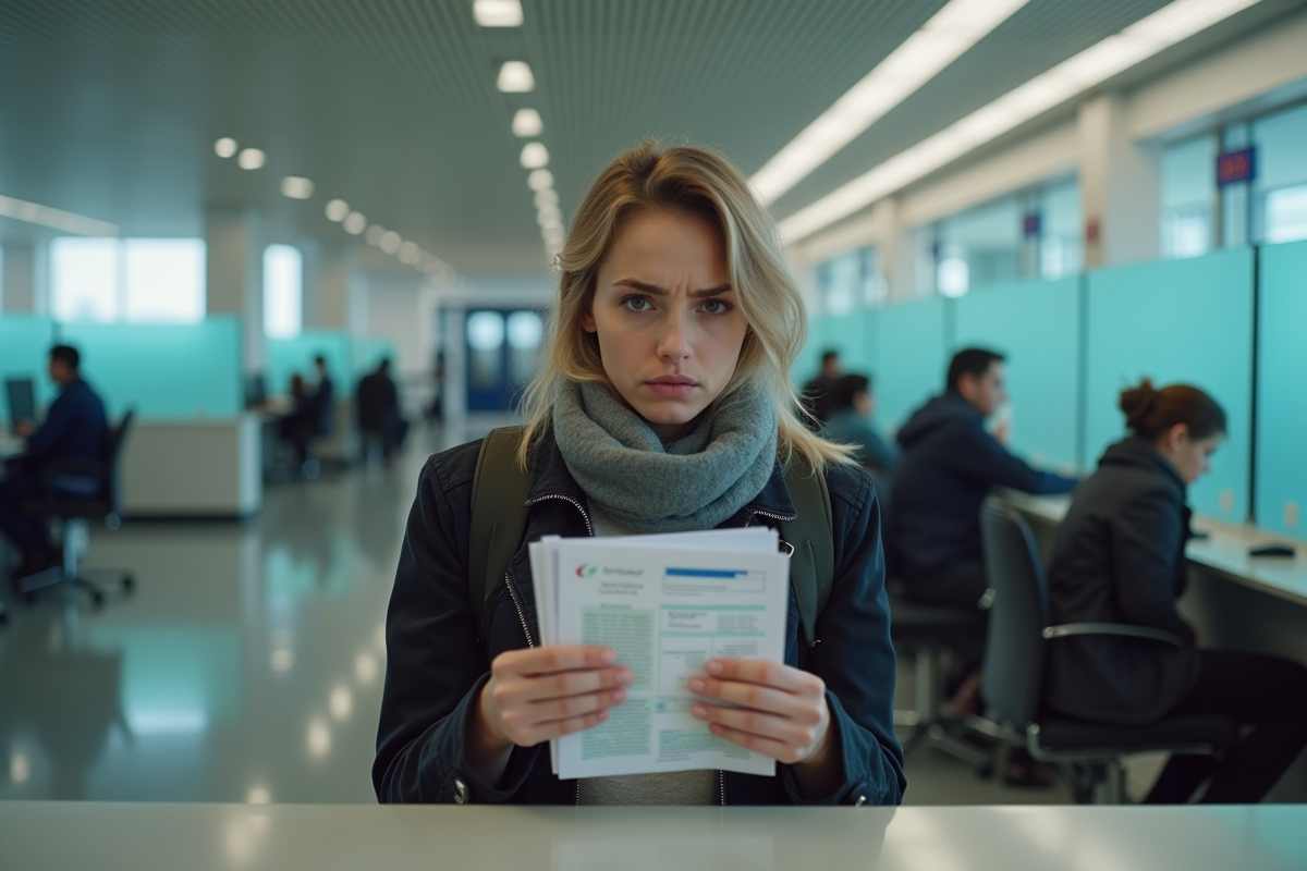 Jeune femme anxieuse au bureau de passeport