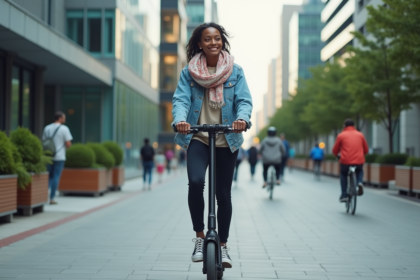 Jeune femme noire en scooter dans une ville animée