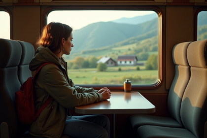 Jeune femme dans un train européen regardant le paysage