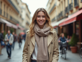 Jeune femme souriante en ville avec architecture historique