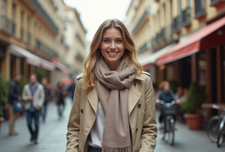 Jeune femme souriante en ville avec architecture historique
