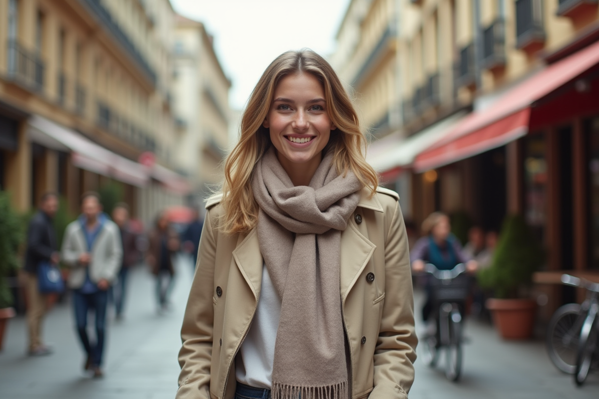 Jeune femme souriante en ville avec architecture historique