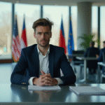 Jeune homme en costume dans une ambassade européenne