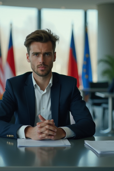 Jeune homme en costume dans une ambassade européenne