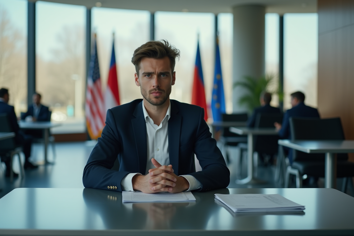 Jeune homme en costume dans une ambassade européenne