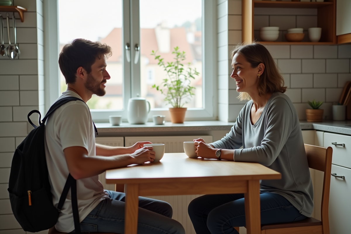 Jeune homme discutant avec une femme dans une cuisine lumineuse