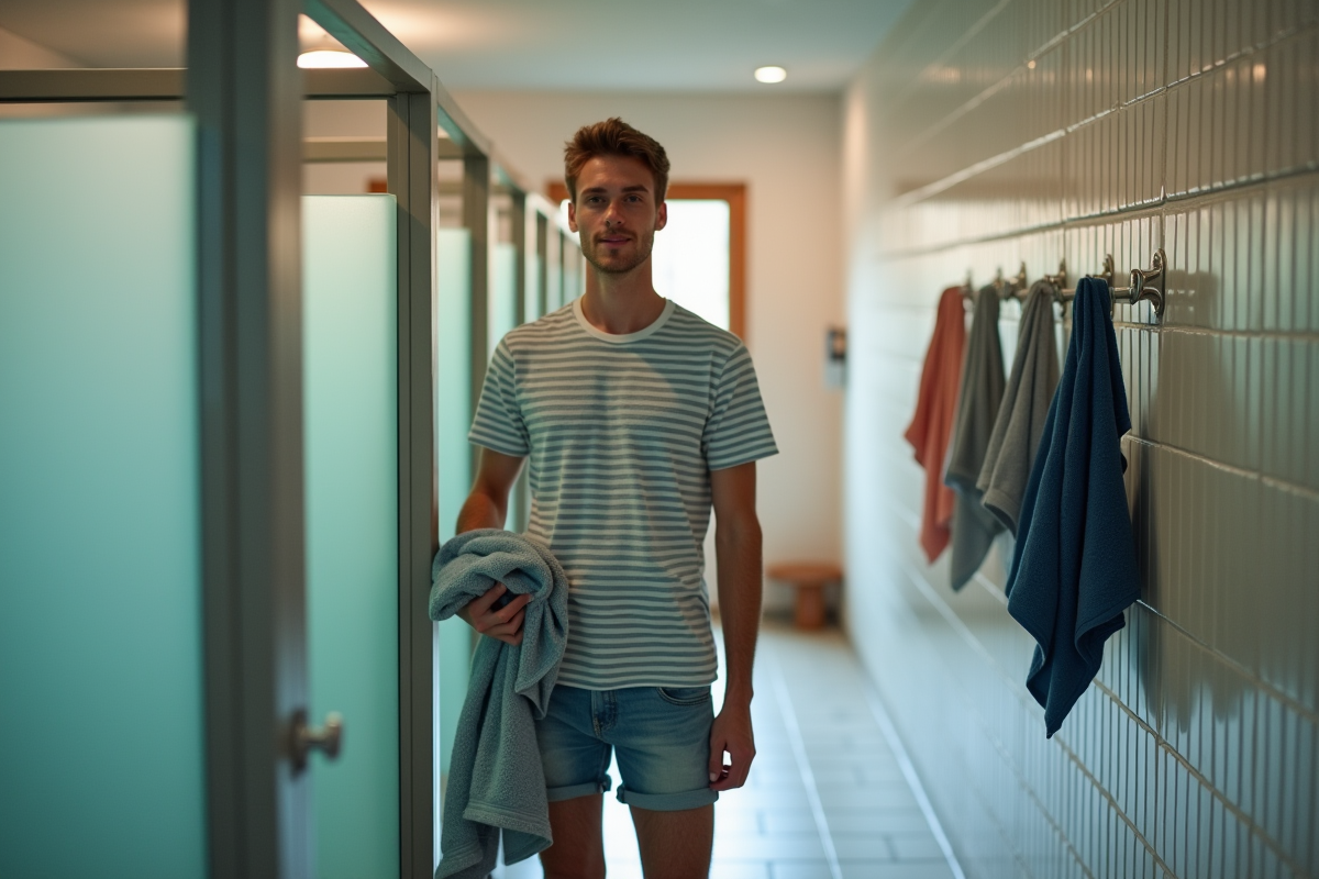 Jeune homme dans une douche de jeunesse en tenue décontractée
