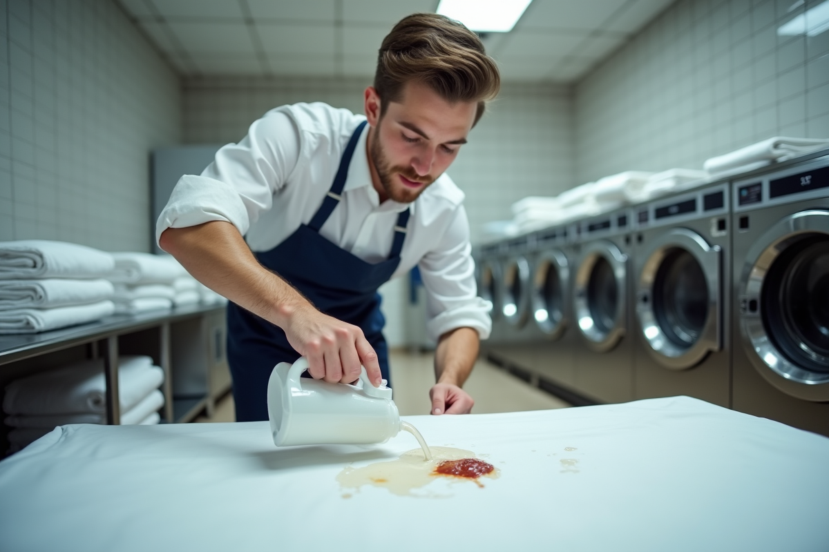Jeune employé d hotel versant un produit sur une draperie blanche