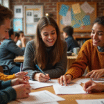 Groupe de jeunes adultes dans un salon convivial d'auberge