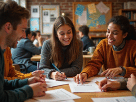 Groupe de jeunes adultes dans un salon convivial d'auberge
