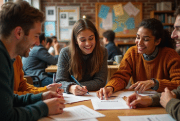 Groupe de jeunes adultes dans un salon convivial d'auberge