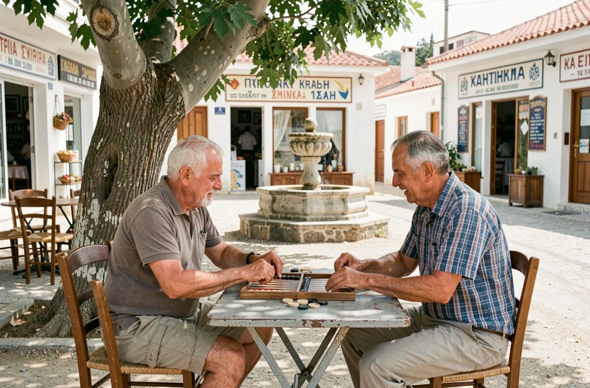 Deux habitants jouant au backgammon sur la terrasse d'un kafeneion traditionnel dans un village authentique de Kythira, loin du tourisme de masse