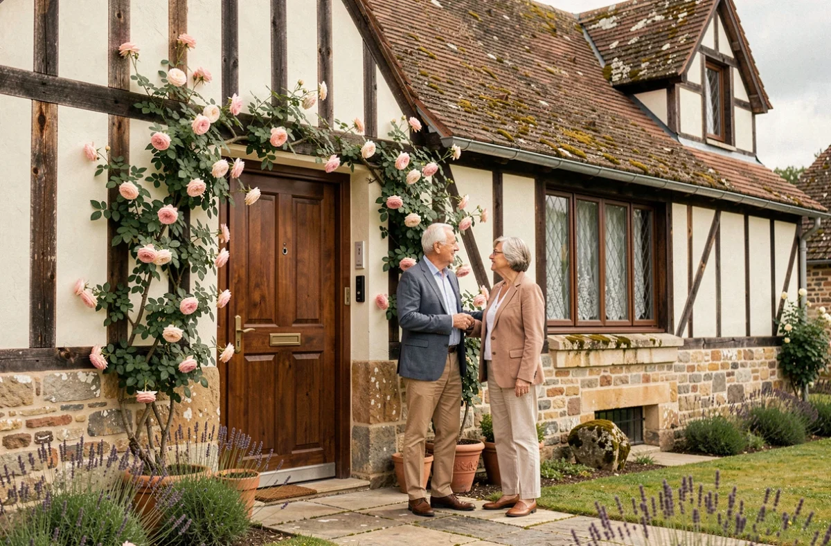Le Cottage en Picardie, adresse de charme avec façade à colombages et roses grimpantes à l'entrée