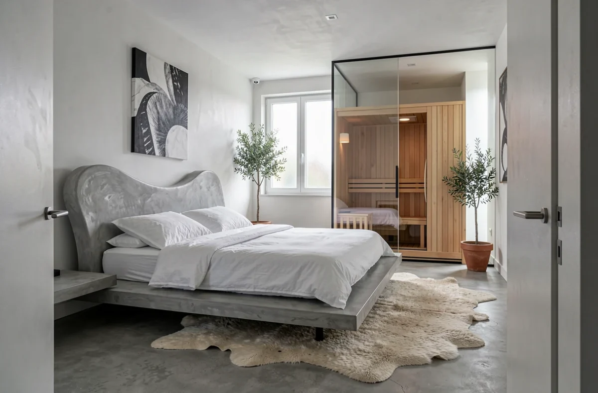 Suite design des Béthunoises à Béthune avec sauna en bois et tête de lit en béton brossé