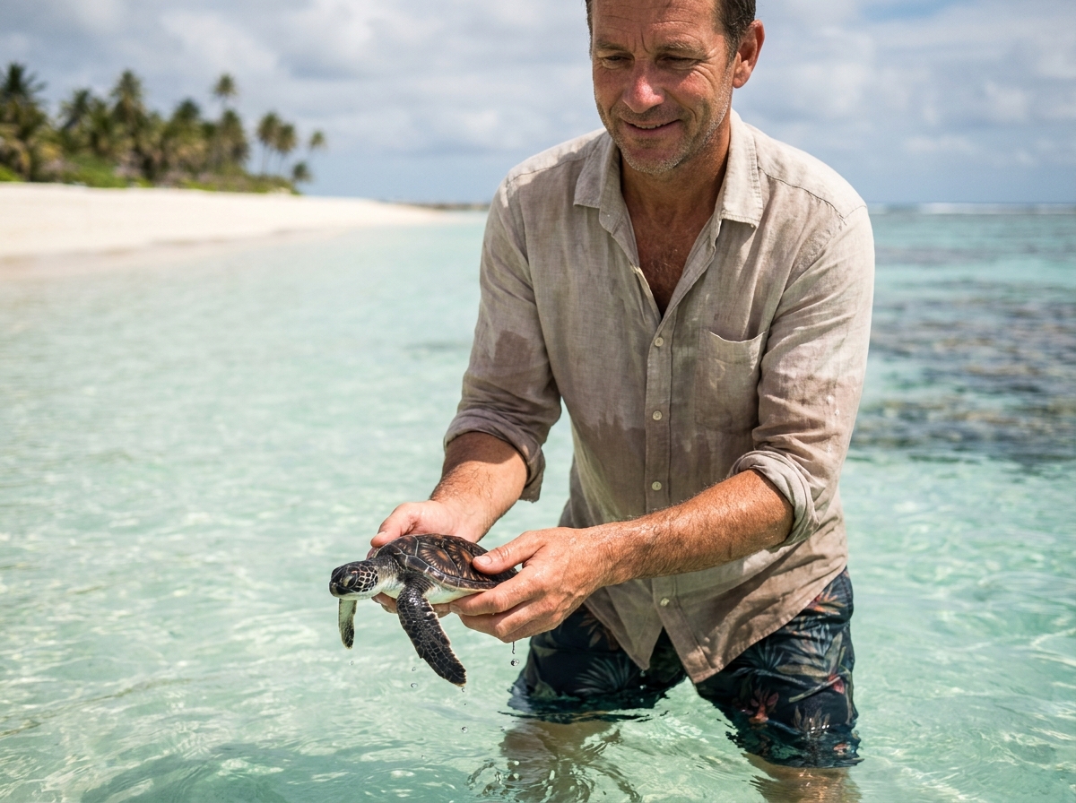 Homme relâchant une tortue marine dans l'océan lors d'un voyage nature écoresponsable en zone tropicale