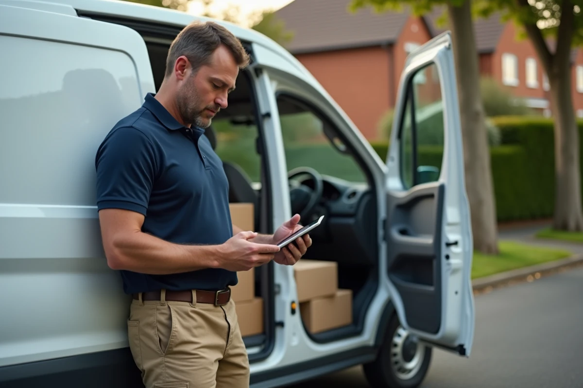 Livreur professionnel vérifiant une tablette à côté d'une camionnette