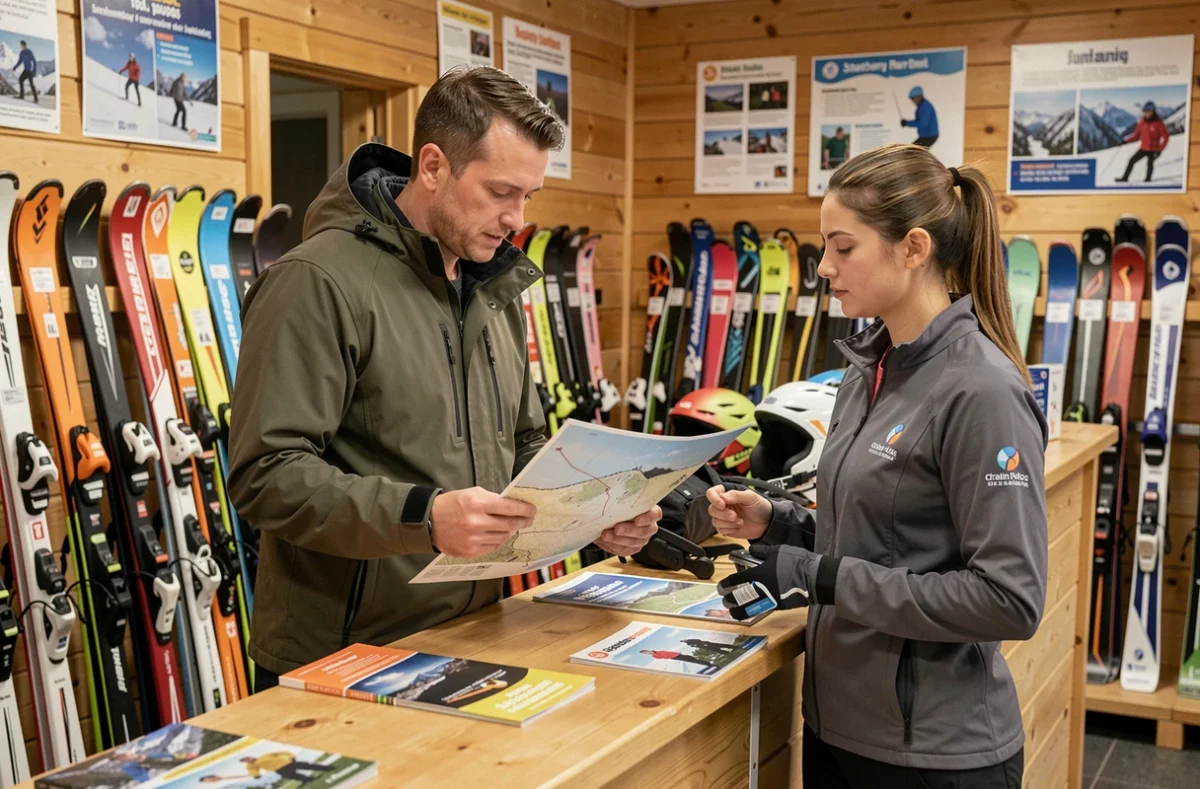 Skieur débutant consultant une carte des pistes au comptoir de location de ski d'une station