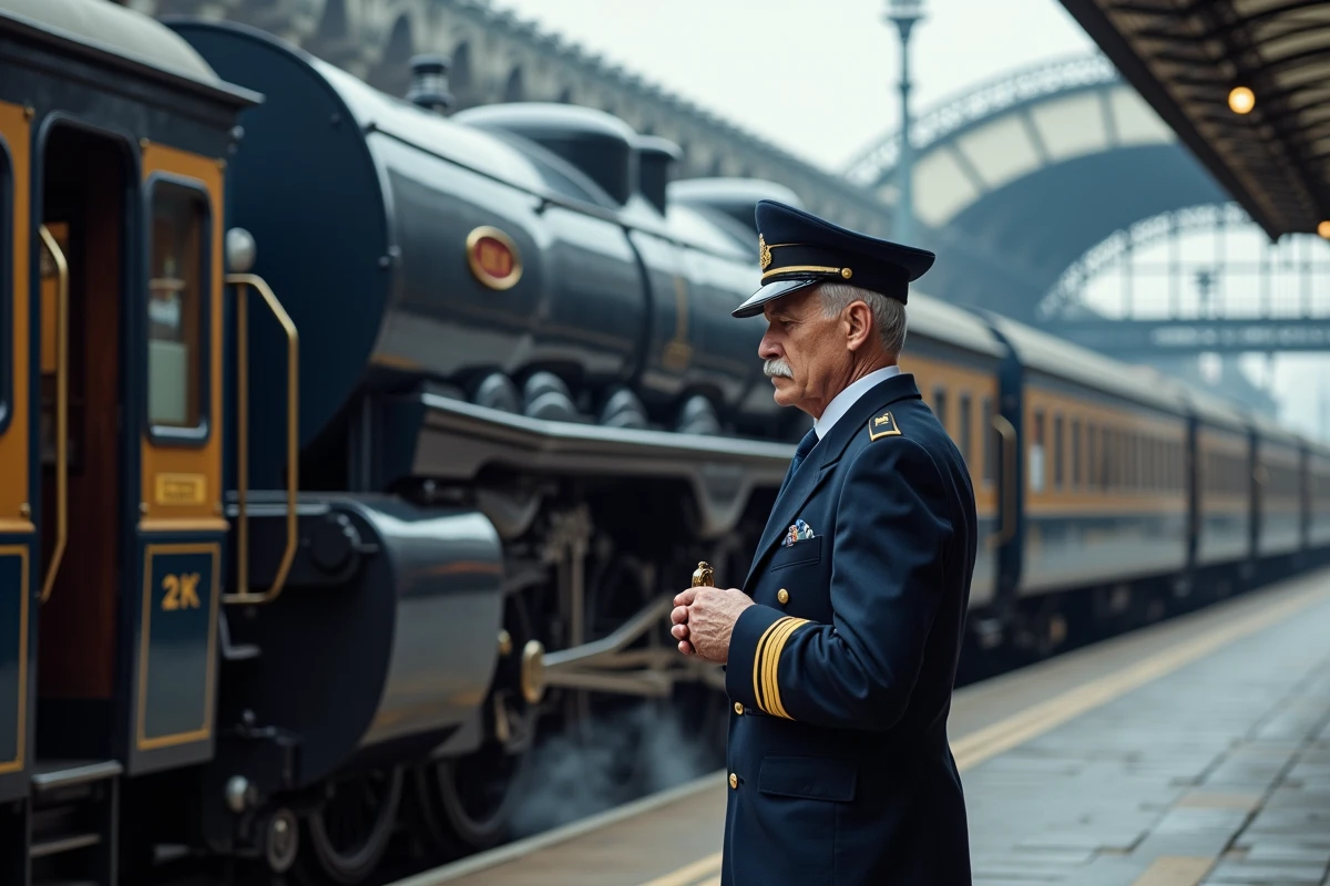 Conducteur en uniforme devant la locomotive de l'Orient Express dans une gare européenne historique