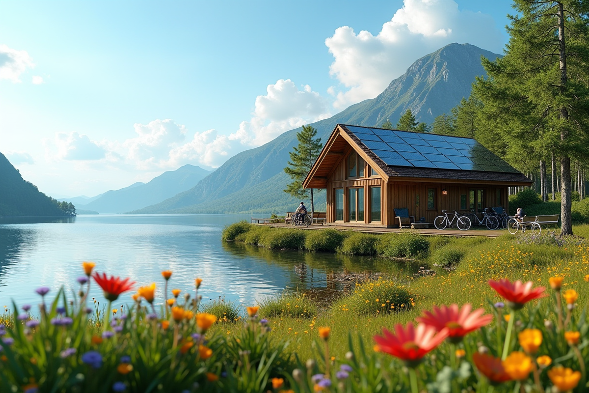 Petite cabane écologique au bord du lac avec vélos et panneaux solaires