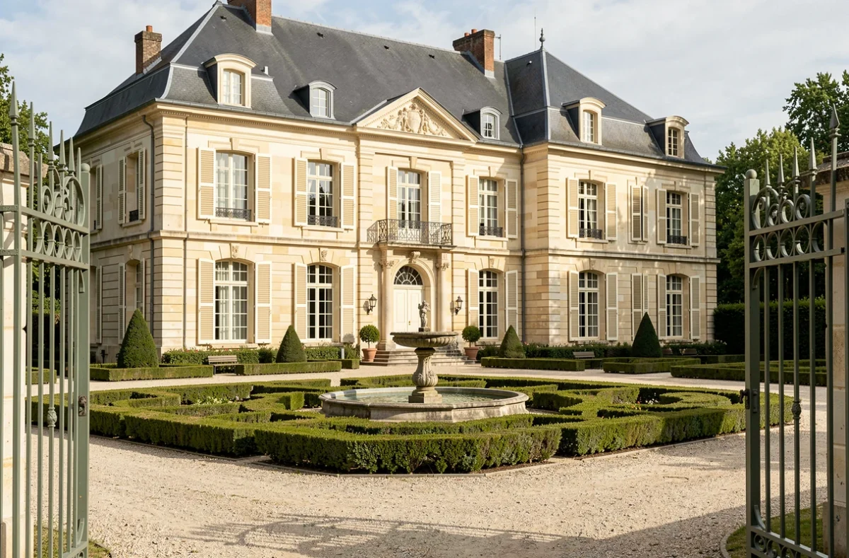 Le Logis d'Arnière à Saint-Cyr-sous-Dourdan, manoir du XVIIIe siècle avec façade en pierre, jardin à la française et fontaine centrale