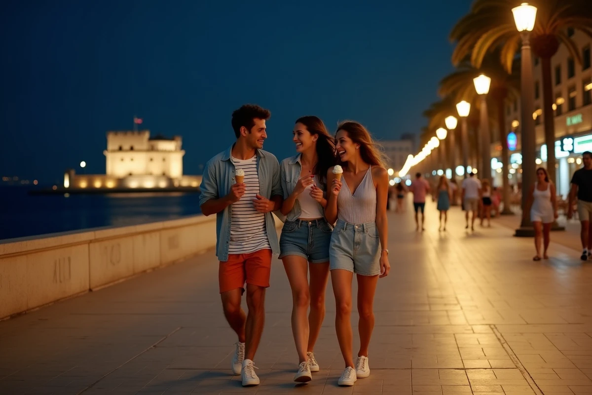 Amis se promenant sur le Lungomare de Naples la nuit avec le Castel dell'Ovo en arrière-plan
