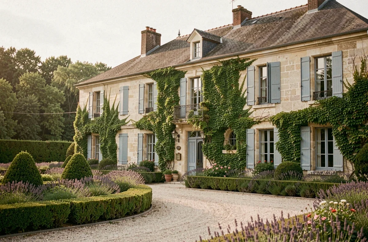 Façade de la maison d'hôtes Villeneuve les Fourches à Villeconin, manoir en pierre calcaire avec volets bleu-gris et jardin à la française