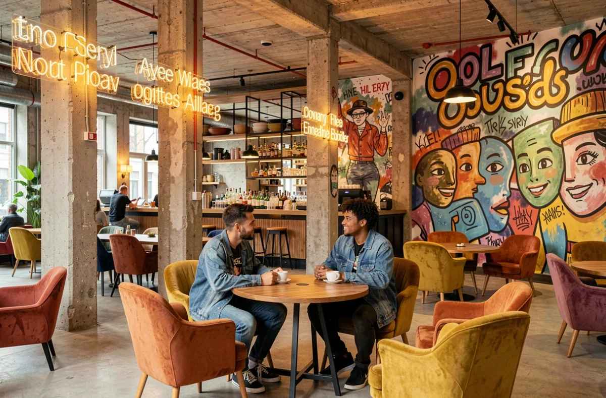 Hall d'entrée du Mama Shelter Lille, hôtel lifestyle avec mobilier rétro coloré et fresques murales en centre-ville