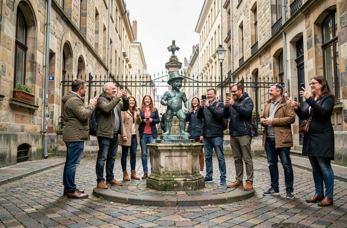 Groupe de touristes photographiant le Manneken Pis dans les rues pavées de Bruxelles