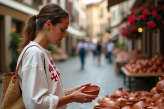 Femme basque en chemise traditionnelle brodée explorant un marché artisanal local avec poteries et produits biologiques dans un village du Pays Basque