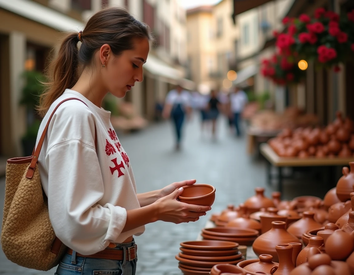 Femme basque en chemise traditionnelle brodée explorant un marché artisanal local avec poteries et produits biologiques dans un village du Pays Basque