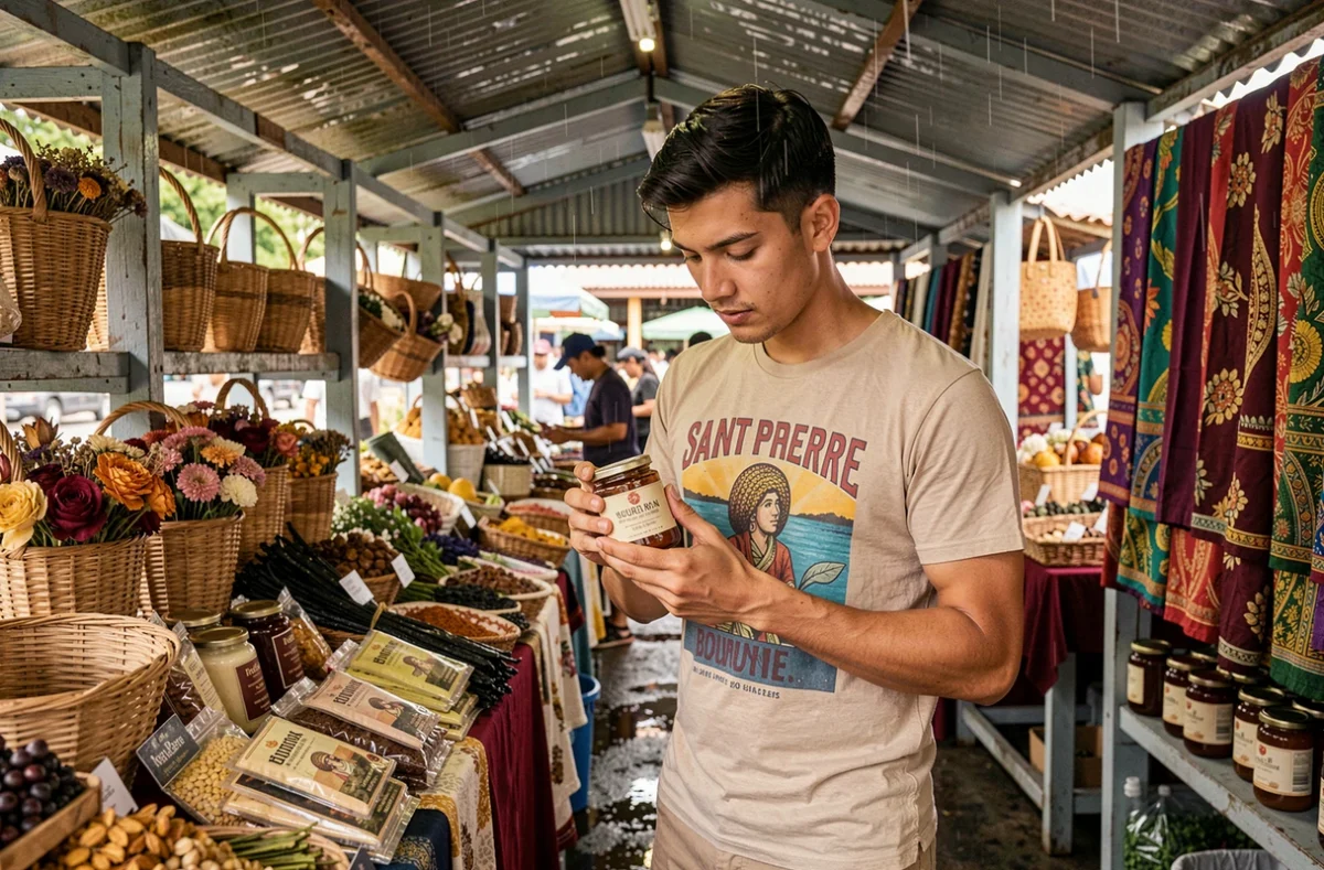 Jeune homme découvrant les produits artisanaux et épices locales d'un marché couvert à La Réunion sous la pluie